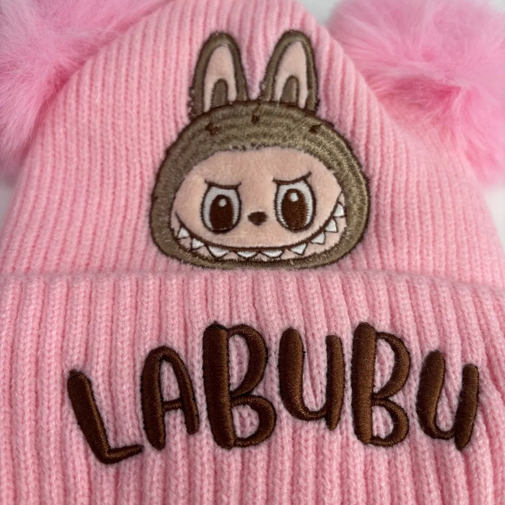 Labubu Double Pom Pom Beanie Kids One Size Pink Embroidered Ribbed Knit Hat